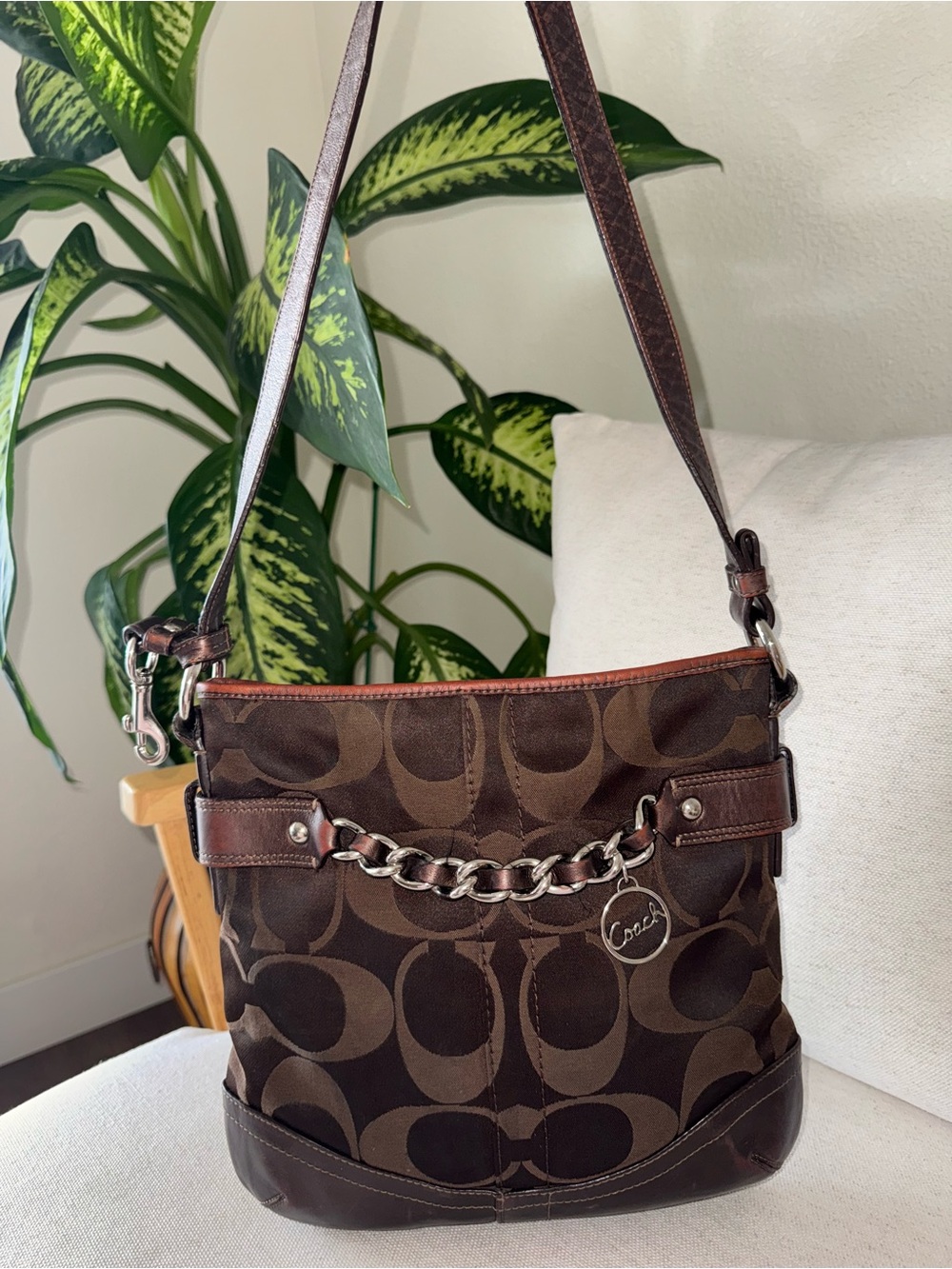 Coach Vintage Signature Optic Brown Chain Shoulder Crossbody Bag Y2K Purse F1973